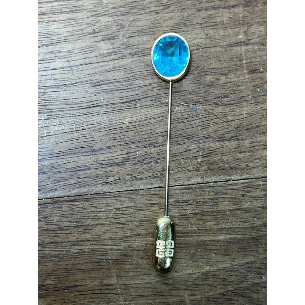 Vintage Givenchy Paris New York Stick Pin Lapel Hat Blue Glass Canochon Regal